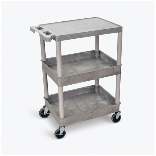 LUXOR FLAT TOP UTILITY CARTSUtility Cart, Flat Top, Middle/Bottom Tub Shelves (2.75" Deep each), Gray, 24"W x 18"D x 36.5"H, with (4) 4" Heavy Duty Casters (2 with Locking Brakes), Maximum Weight Capacity 300lbs, Assembly Required | Quantity - 1x EA