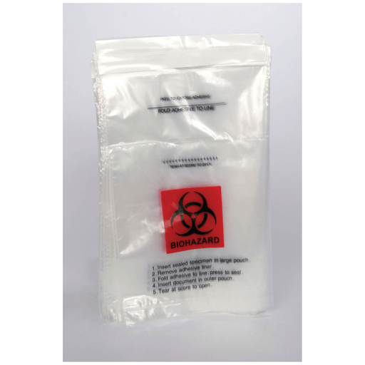 MEDEGEN TAMPER SAFE LABORATORY SPECIMEN TRANSPORT BAG - Collection Bag, 6" x 9", Biohazard, Foldover Adhesvie Closure, Clear/ Red/ Black Print, 1000/cs | Quantity - 1x CS