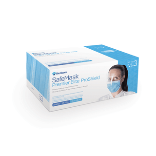 MEDICOM SAFE+MASK PREMIER ELITE EARLOOP MASK - Premier Elite ProShield Earloop Mask with Visor, ASTM Level 3, Blue, 25/bx, 4 bx/cs (Not Available for sale into Canada)  | Quantity - 1x CS