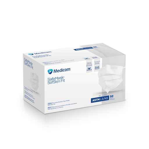 MEDICOM SAFEMASK SOFSKIN LEVEL 3Earloop Mask, Sofskin Fit, Adjustable Chin & Nose Piece, ASTM Level 3, White, 50/bx, 10 bx/cs | Quantity - 1x CS