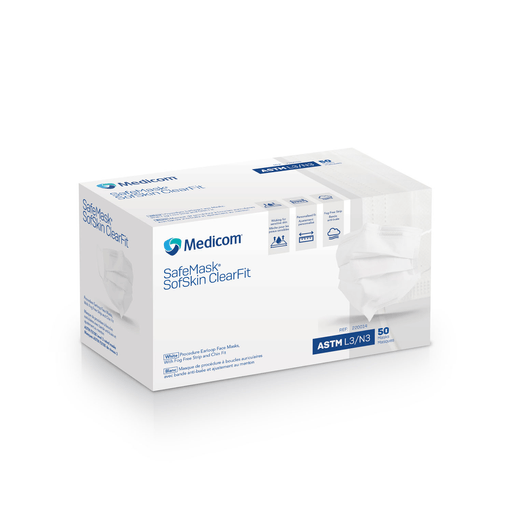 MEDICOM SAFEMASK SOFSKIN LEVEL 3 - Earloop Mask, Sofskin ClearFit, Fog-Free Strip + Adjustable Chin & Nose Piece, ASTM Level 3, White, 50/bx, 10 bx/cs (Not Available for sale into Canada) | Quantity - 1x CS
