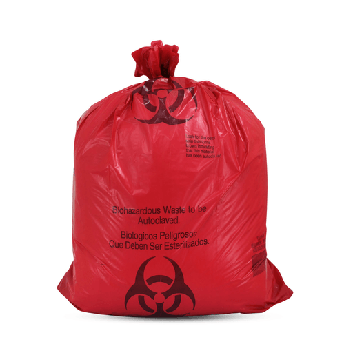 MEDEGEN AUTOCLAVABLE BIOHAZARD BAGS - Biohazard Bag, 31" x 38", Print/ Label, Max Temp 285F, Biohazard Labeling, Biohazard Symbol, English/ Spanish, Red/ Black, 1.8 Mil, 20-30 Gal, 100/cs | Quantity - 1x CS