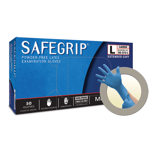 ANSELL MICROFLEX SAFEGRIP POWDER-FREE EXTENDED CUFF LATEX EXAM GLOVES - Exam Gloves, PF Latex, Textured, Extended Cuff, Blue, Small, 50/bx; 10 bx/cs (US Only) | Quantity - 1x CS