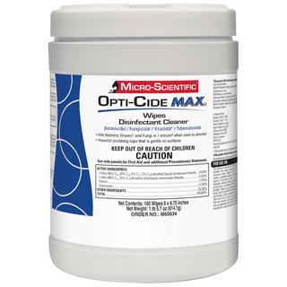 MICRO-SCIENTIFIC OPTI-CIDE MAX DISINFECTANT CLEANEROpti-Cide Max Disinfectant Cleaner, Wipes, 6" x 6.75", 160/ct, 12/cs (Temporarily Unavailable for sale in California until furhter notice)  | Quantity - 1x CS