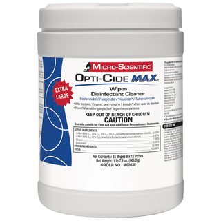 MICRO-SCIENTIFIC OPTI-CIDE MAX DISINFECTANT CLEANEROpti-Cide Max Disinfectant Cleaner, Wipes, 9" x 12", 65/ct, 12/cs (40 cs/plt) | Quantity - 1x CS