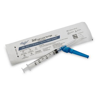 MYCO RELI SAFETY HYPODERMIC NEEDLE W/ATTACHED SYRINGE - Safety Hypodermic Needle with 3mL Syringe, 23G x 1", Low Dead Space, 100/bx (US Only) | Quantity - 1x BX