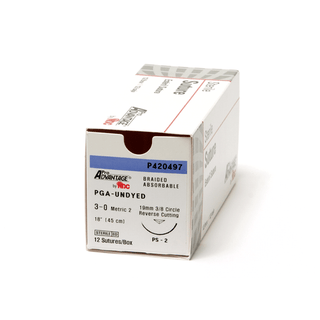 PRO ADVANTAGE POLYGLYCOLIC ACID (PGA) SUTURES - Undyed PGA Braided Suture, Size 5-0, 18", P-3 Needle, 3/8 Circle Reverse Cut 13mm, 12/bx (Not Available for sale into Canada) (To Be DISCONTINUED) | Quantity - 1x BX