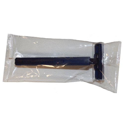 NEW WORLD IMPORTS RAZORSTwin Blade Razor, Stainless Steel, Clear Removable Safety Cap, One-Piece Navy Handle, Individually Wrapped in Polybag, 100/bx, 5 bx/cs (28 cs/plt) | Quantity - 1x CS
