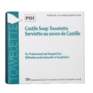 PDI CASTILE SOAP TOWELETTECastile Soap Towelette, 2% Coconut Oil, 1/pk, 100 pk/bx, 10 bx/cs (63 cs/plt) | Quantity - 1x CS