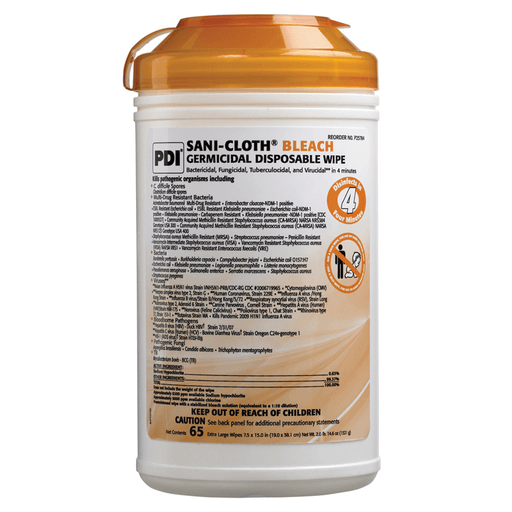 PDI SANI-CLOTH BLEACH GERMICIDAL DISPOSABLE WIPE - Bleach Germicidal Dispsoable Wipe, X-Large, 7" x 15", 65 wipes/can, 6 can/cs (60 cs/plt) (Minimum Expiry Lead is 90 days)  | Quantity - 1x CS