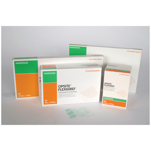 SMITH & NEPHEW OPSITE FLEXIGRID TRANSPARENT ADHESIVE FILM DRESSINGS - Dressing, Central Line Transparent Adhesive Film, 4" x 4", 50/pkg  (Item is on Manufacturer backorder with no ETA on availability) (To Be DISCONTINUED) | Quantity - 1x PKG