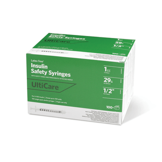 ULTIMED ULTICARE INSULIN FIXED NEEDLE SAFETY SYRINGES - Insulin Syringe, Fixed Needle, 1cc, 29G x ", 100/bx | Quantity - 1x BX