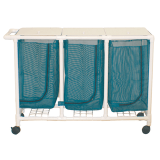 MJM LINEN HAMPERS "200" SERIES - Triple Hamper, Mesh Bags (55 Gal Capacity, Plastic Bag) 3" Heavy Duty Threaded Stem Casters, Zipper Opening, Base Support for bag, Push/ Pull Handle & Footpedal (Mauve Mesh) | Quantity - 1x EA