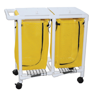 MJM LINEN HAMPERS "200" SERIES - Triple Hamper, Mesh Bags (55 Gal Capacity, Plastic Bag) 3" Heavy Duty Threaded Stem Casters, Zipper Opening, Base Support for bag, Push/ Pull Handle & Footpedal (Mauve Mesh) | Quantity - 1x EA
