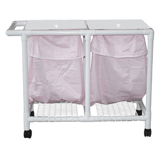 MJM LINEN HAMPERS "200" SERIES - Triple Hamper, Mesh Bags (55 Gal Capacity, Plastic Bag) 3" Heavy Duty Threaded Stem Casters, Zipper Opening, Base Support for bag, Push/ Pull Handle & Footpedal (Mauve Mesh) | Quantity - 1x EA
