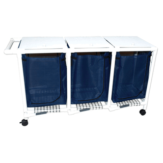 MJM LINEN HAMPERS "200" SERIES - Triple Hamper, Mesh Bags (55 Gal Capacity, Plastic Bag) 3" Heavy Duty Threaded Stem Casters, Zipper Opening, Base Support for bag, Push/ Pull Handle & Footpedal (Mauve Mesh) | Quantity - 1x EA