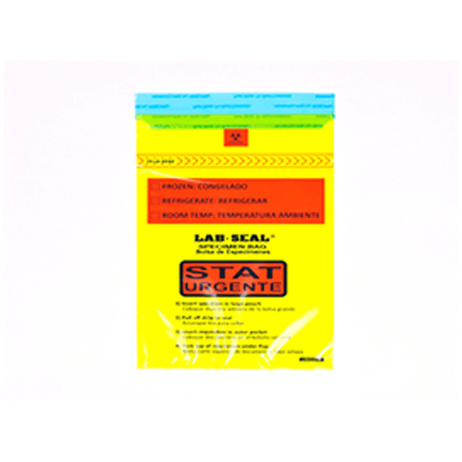 LK PACKAGING LAB SEAL TAMPER-EVIDENT SPECIMEN BAGS - 3-Wall Specimen Bag, Seal n Rip, Removable Biohazard Symbol, Yellow Tint Printed "STAT" 1.8 mil, 6" x 10", 100 bg/pk, 10 pk/cs | Quantity - 1x CS