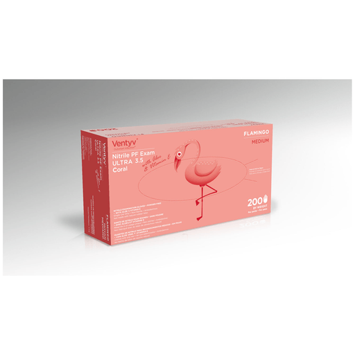 VENTYV NITRILE POWDER FREE EXAM GLOVE ULTRA 3.5 (FLAMINGO)Glove, Exam, Nitrile, Powder-Free (PF), Polymer Coated, Aloe & Vitamin E, Textured, Beaded Cuff, Coral, Medium, 200/bx, 10 bx/cs | Quantity - 1x CS